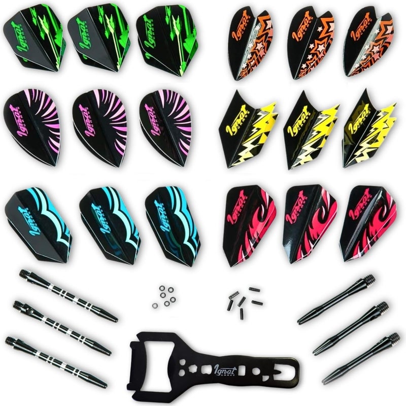 IgnatGames Dart Flights and Accessories â€“ 18/30 GlideXPro 130 Micron Flights in Various Shapes and 6 Flight Protectors - Image 1